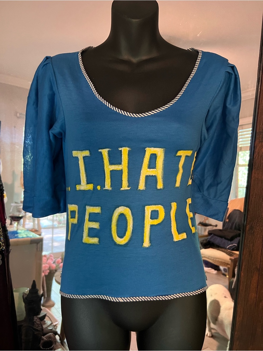 Custom Made Blue Scoop Neck Women's Top with Yellow Lettering Fits a Size 4